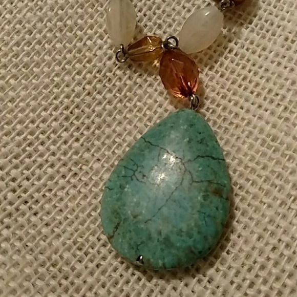 Vintage Turquoise Pendant Statement Necklace Silver Assorted Stones And Beads - Picture 2 of 3